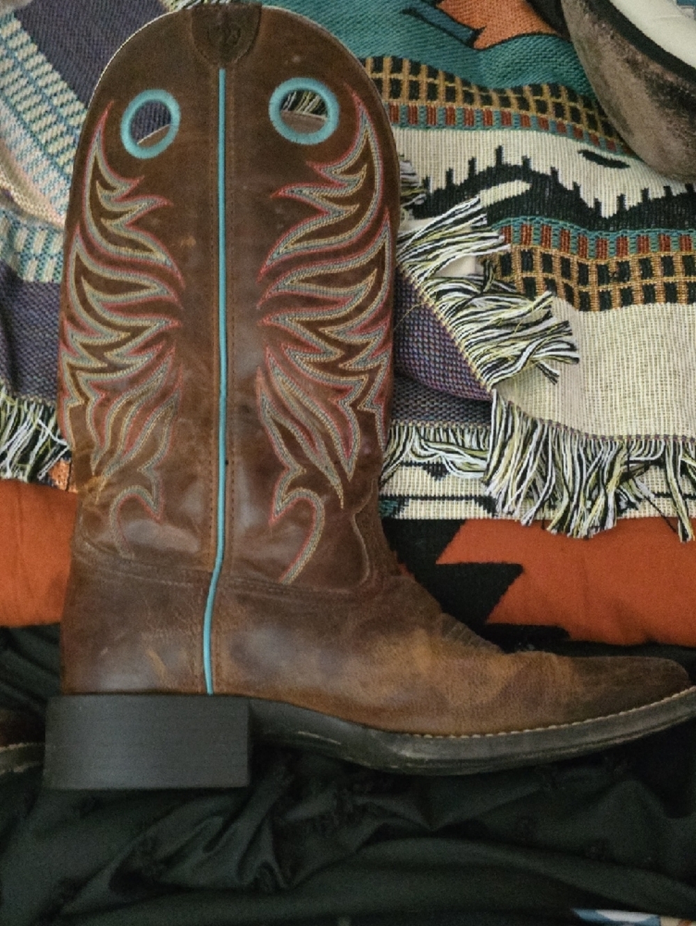 Ariat Brown Leather Boot with Teal Trim - Picture 7 of 9